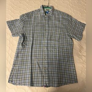 New!  Proper Cloth men’s linen button down. Dusky blue and yellow plaid.